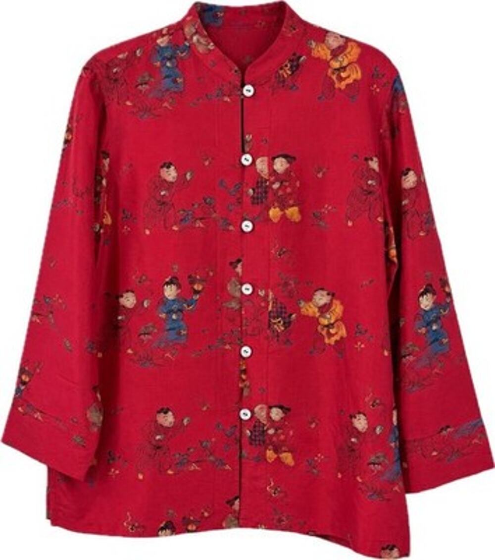 Chicos Silk Red Asian Print Mandarin Collar Shirt Medium Loop Buttons Vintage